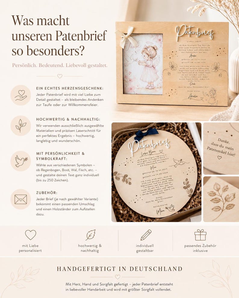 May include: A rectangular wooden frame with a photo of an angel and a circular wooden plaque, both engraved with German text and decorative motifs. The set includes a small white ribbon and is presented in a box with filler material.