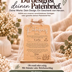 May include: A light-colored wooden plaque with rounded top edges, featuring engraved German text and a small fox illustration. The plaque is held in a wooden base and encased in a clear plastic sleeve topped with a beige ribbon bow.
