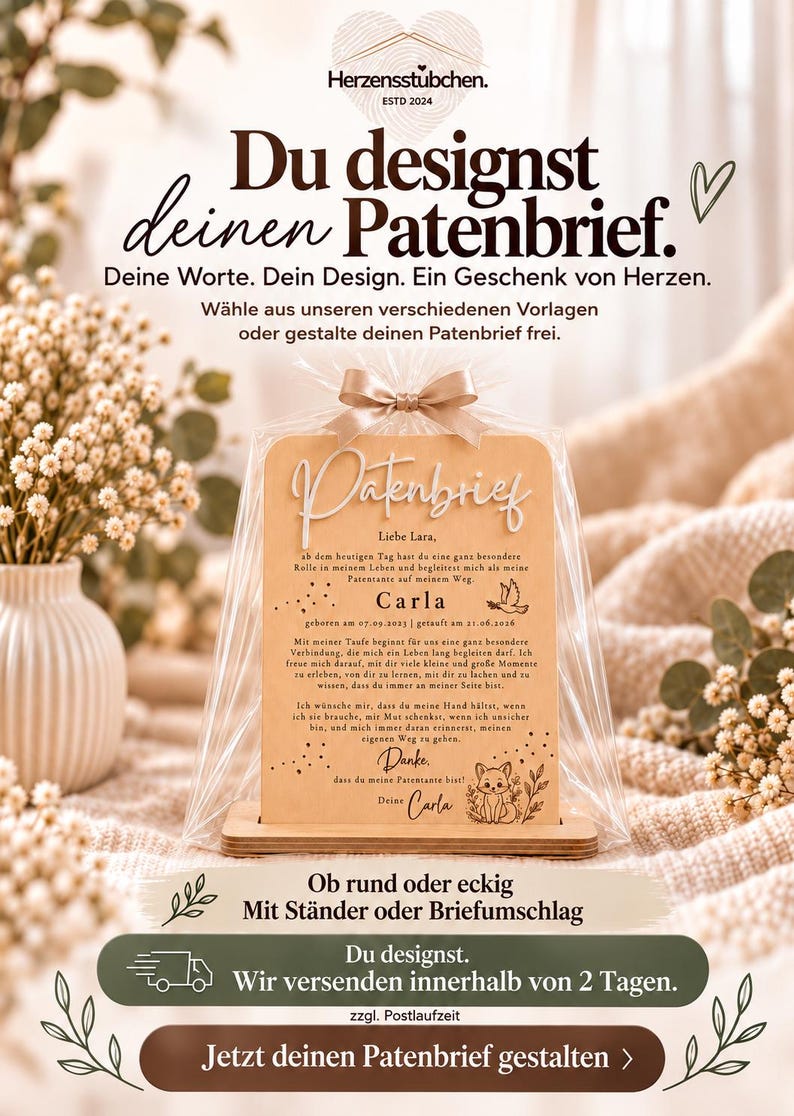 May include: A light-colored wooden plaque with rounded top edges, featuring engraved German text and a small fox illustration. The plaque is held in a wooden base and encased in a clear plastic sleeve topped with a beige ribbon bow.