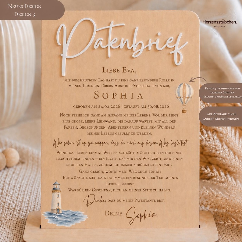 May include: A rectangular wooden plaque featuring the German text Patenbrief, addressed to Eva from Sophia. The design includes a lighthouse illustration, a hot air balloon graphic, and a heartfelt message about godparenthood.