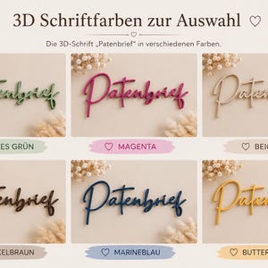May include: A collection of six 3D script signs displaying the word Patenbrief in different colors including green, magenta, beige, dark brown, navy blue, and butter yellow, presented as a color selection chart for custom lettering.