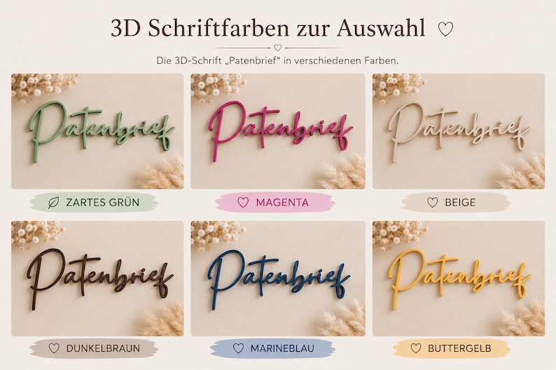 May include: A collection of six 3D script signs displaying the word Patenbrief in different colors including green, magenta, beige, dark brown, navy blue, and butter yellow, presented as a color selection chart for custom lettering.