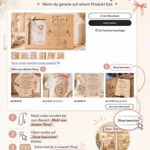 May include: A digital instructional graphic for an Etsy shop featuring a wooden photo frame with a child illustration, text, and a bow. The layout includes buttons for purchasing, a shop navigation guide with numbered steps, and a preview of various wooden products.