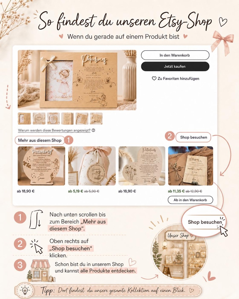 May include: A digital instructional graphic for an Etsy shop featuring a wooden photo frame with a child illustration, text, and a bow. The layout includes buttons for purchasing, a shop navigation guide with numbered steps, and a preview of various wooden products.
