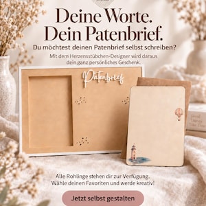 May include: A rectangular wooden frame with a white border and a light brown insert, featuring the word Patenbrief in white script. Beside it, a light brown card displays a small lighthouse and hot air balloon illustration.