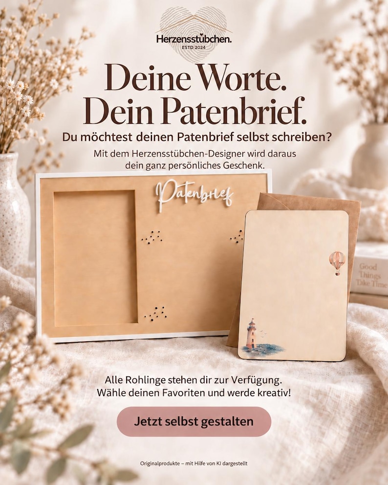 May include: A rectangular wooden frame with a white border and a light brown insert, featuring the word Patenbrief in white script. Beside it, a light brown card displays a small lighthouse and hot air balloon illustration.