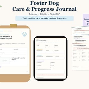 Puede incluir: Un diario digital de cuidado y progreso para perros en acogida con 21 páginas. El diseño incluye una vista de portapapeles, una pantalla de tableta con un formulario de comportamiento y una pila de páginas imprimibles para el seguimiento.