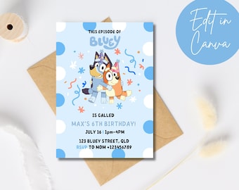 Modèle d'invitation d'anniversaire animé Bluey, invitations de fête d'anniversaire modifiables, modèle d'invitation de fête d'anniversaire numérique, invitation garçons et filles