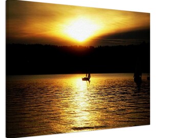 Fotografía de velero al atardecer en el río Hudson, arte mural náutico, paisaje de la hora dorada, impresión fotográfica de naturaleza