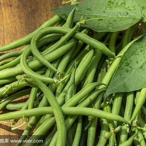 May include: A bunch of fresh green string beans with leaves on a wooden surface.