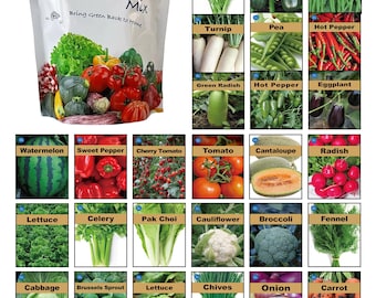 May include: A colorful assortment of vegetable and flower seed packets, featuring images of the mature plants. The packets are arranged in a grid pattern and labeled with the names of the plants, such as "Watermelon", "Sweet Pepper", "Cherry Tomato", "Tomato", "Cantaloupe", "Radish", "Lettuce", "Celery", "Pak Choi", "Cauliflower", "Broccoli", "Fennel", "Cabbage", "Brussels Sprout", "Lettuce", "Chives", "Onion", "Carrot", "Brassica", "Coriander", "Lettuce", "Spinach", "Lettuce", and "Beet". The packets are all from the brand "Atlas Seeds" and feature the slogan "Bring Green Back to Home".