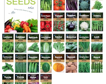 May include: A collection of vegetable seed packets from Atlas Seeds, featuring various types of produce. The image includes seeds for hot peppers, tomatoes, eggplant, broccoli, cilantro, lettuce, cabbage, spinach, and more. The text "Bring Green Back to Home" is also visible.