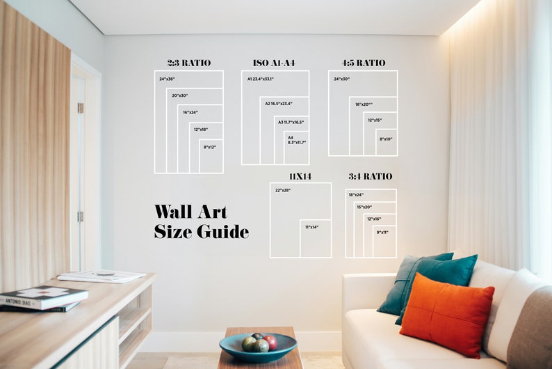 May include: A white wall with a guide for wall art sizes. The guide shows different aspect ratios and corresponding sizes in inches. The text "Wall Art Size Guide" is written in black at the bottom of the guide.