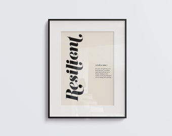Resilient PRINTABLE wall art, resilient definition, dictionary print, printable wall art, home decor poster, minimalist poster