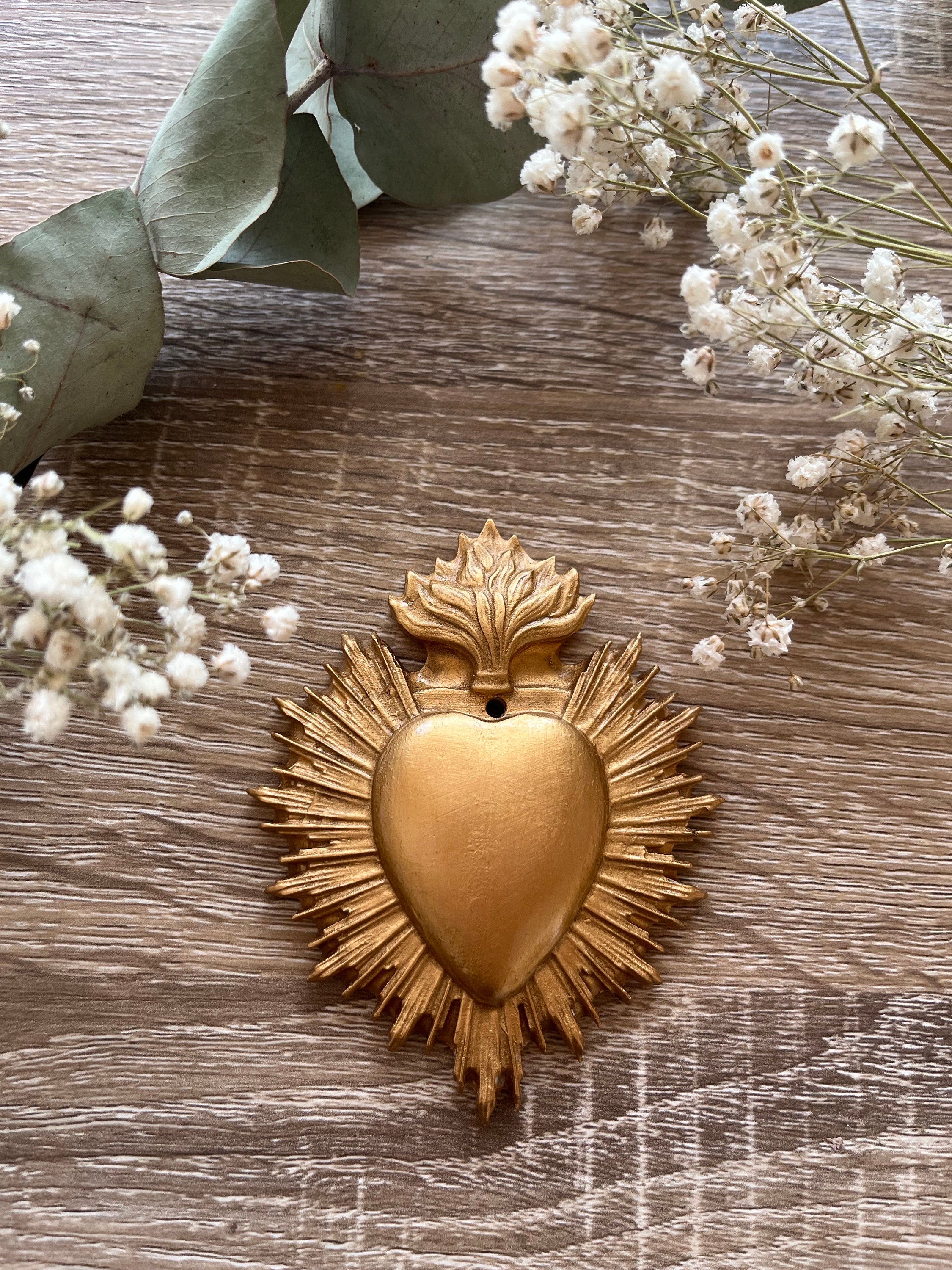 Générique Ex-voto Stralend Hart Wanddecoratie, 7,7 x 8,7 cm, gouden patina, mooie productie Ex-voto collectie
