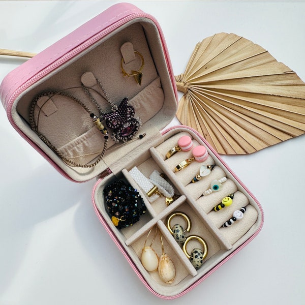 Mini- Schmuck- Organizer Rosa, Tragbarer Kleiner Schmuck Aufbewahrungsbox, Ordnung, Geschenk, Reise Box, für Ohrringe, Ring, Halskette