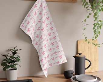 Coquette Pink Ribbon Bow Pattern Kitchen Tea Towel Cotton