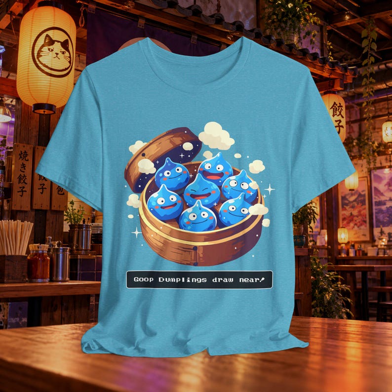 Camiseta de Dragon Quest Slime como albóndigas de sopa, JRPG, regalo para fans de videojuegos, Dim Sum imagen 1