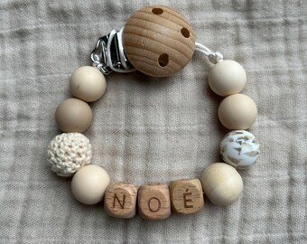 Gepersonaliseerde fopspeenclip | Beige bladeren | Dummy Clip met naam, Speenkoord, Kraamcadeau, Newborn, Kraamcadeau