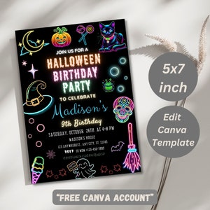 Halloween Birthday Party Invitation Neon Halloween Party Birthday Invitation Spooky Halloween Neon Invite Dark Halloween Party invite Editable Canva Template