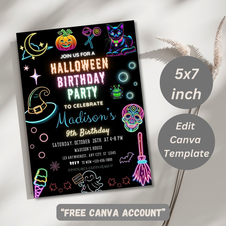 Halloween Birthday Party Invitation Neon Halloween Party Birthday Invitation Spooky Halloween Neon Invite Dark Halloween Party invite Editable Canva Template