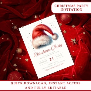 Peut inclure: Une invitation à une fête de Noël avec une illustration de bonnet de Père Noël. L'invitation présente le texte "Christmas Party" et les détails de l'événement, y compris la date, l'heure et le lieu. Le fond est rouge.