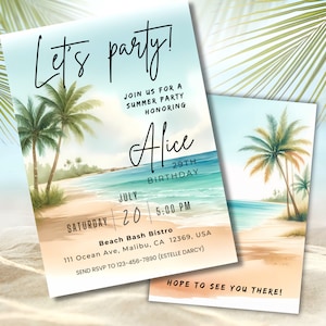 May include: A beach-themed party invitation with a watercolour illustration of palm trees and an ocean. The invitation reads "Let's party!" and includes details for a summer party honouring Alice's 29th birthday. The party will be held on Saturday, 20th July at 5:00 PM at Beach Bash Bistro, 111 Ocean Ave, Malibu, CA 12369, USA. RSVP to 123-456-7890 (Estelle Darcy).