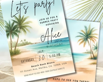Editable Beach party Invite, Beach Birthday Invite Beach Summer Party Invite, Tropical Invite, Girl Birthday Invite Editable Canva Template