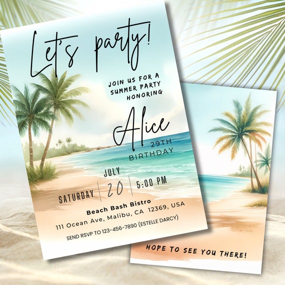 Editable Beach party Invite, Beach Birthday Invite Beach Summer Party Invite, Tropical Invite, Girl Birthday Invite Editable Canva Template