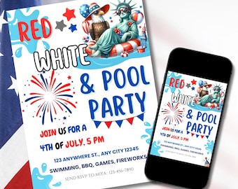4th of July Invitation, 4th of July Pool Party Invite, Swimming Invite, Red White Blue Party Independence Day invite Editable Canva Template