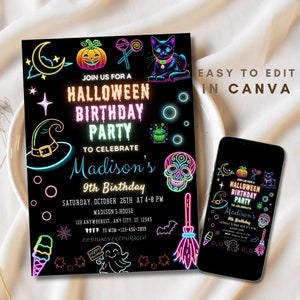 Halloween Birthday Party Invitation Neon Halloween Party Birthday Invitation Spooky Halloween Neon Invite Dark Halloween Party invite Editable Canva Template