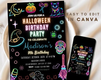 Halloween Birthday Party Invite Neon Halloween Party Birthday Spooky Halloween Neon Invite Dark Halloween Party Invite Editable Template