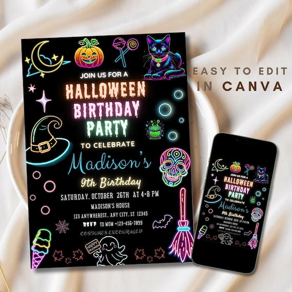 Halloween Birthday Party Invite Neon Halloween Party Birthday Spooky Halloween Neon Invite Dark Halloween Party Invite Editable Template