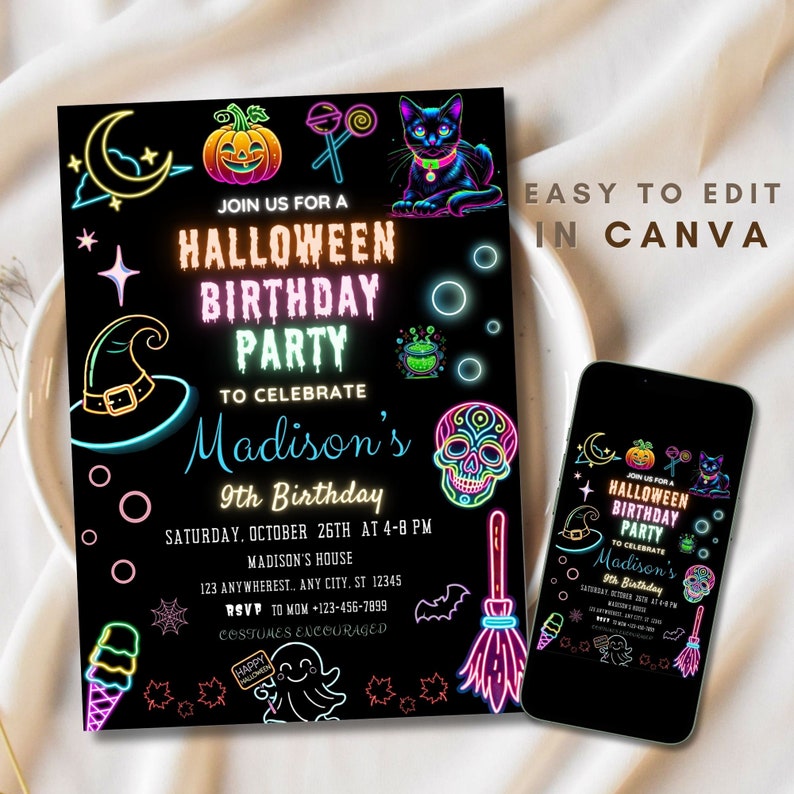 Halloween Birthday Party Invitation Neon Halloween Party Birthday Invitation Spooky Halloween Neon Invite Dark Halloween Party invite Editable Canva Template