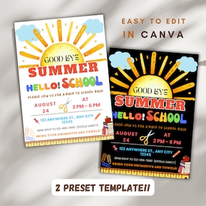 Goodbye Summer Hello School End of Summer Party Invite, So Long Summer Back to School Party Invite, School Party Invite Editable Template