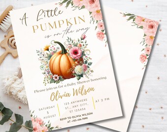 Little Pumpkin Baby Shower Invitation, Fall Baby Shower Invite, Floral Invitation Girl Baby, Pumpkin on the Way, Autumn Pumpkin Invitation