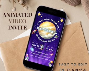 First Trip Around the Sun Invitation First Birthday Invitation Astronaut Boy 1st Birthday Party Video Party Editable Astronaut Phone Invite