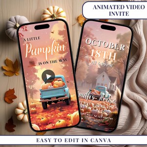 Peut inclure: Deux écrans de smartphone affichant des invitations vidéo animées sur le thème de l'automne. L'un dit "A Little Pumpkin is on the Way" avec un camion bleu transportant des citrouilles. L'autre dit "October 18th at 6:00 PM" avec une maison et un camion. Le texte "Easy to Edit in Canva" est en bas.