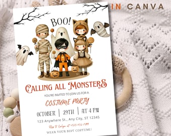May include: Halloween party invitation with illustrations of children in costumes, including a mummy, ghost, cat, and superhero. The invitation reads "Calling All Monsters" and includes party details: October 29th at 4 PM.