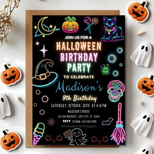 Neon Birthday, Birthday Invite, Halloween Invite, Spooky Party, Spooktacular Party, Costume Party, Halloween Witch, Neon Halloween party, Ghost Neon Party, Glow Halloween, Halloween Birthday, Editable Invitation, Halloween Invite