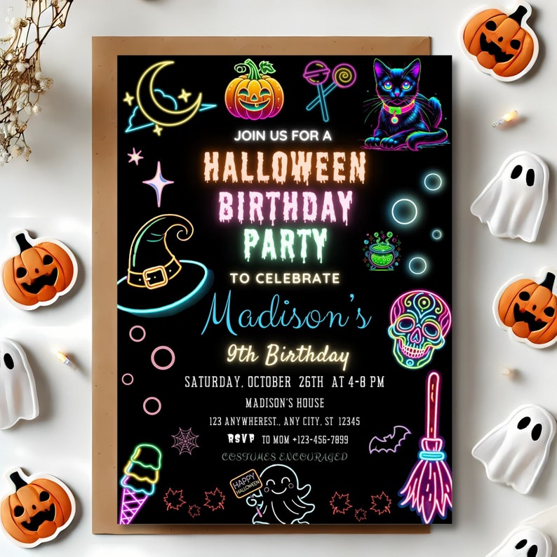 Neon Birthday, Birthday Invite, Halloween Invite, Spooky Party, Spooktacular Party, Costume Party, Halloween Witch, Neon Halloween party, Ghost Neon Party, Glow Halloween, Halloween Birthday, Editable Invitation, Halloween Invite