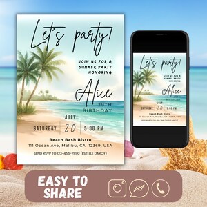 May include: A beach-themed invitation for a summer party celebrating Alice's 29th birthday. The invitation features a watercolour illustration of a beach scene with palm trees, ocean waves, and a sandy shore. The text on the invitation reads "Let's party!" and includes the date, time, and location of the party. The invitation also includes a phone number for RSVPs.