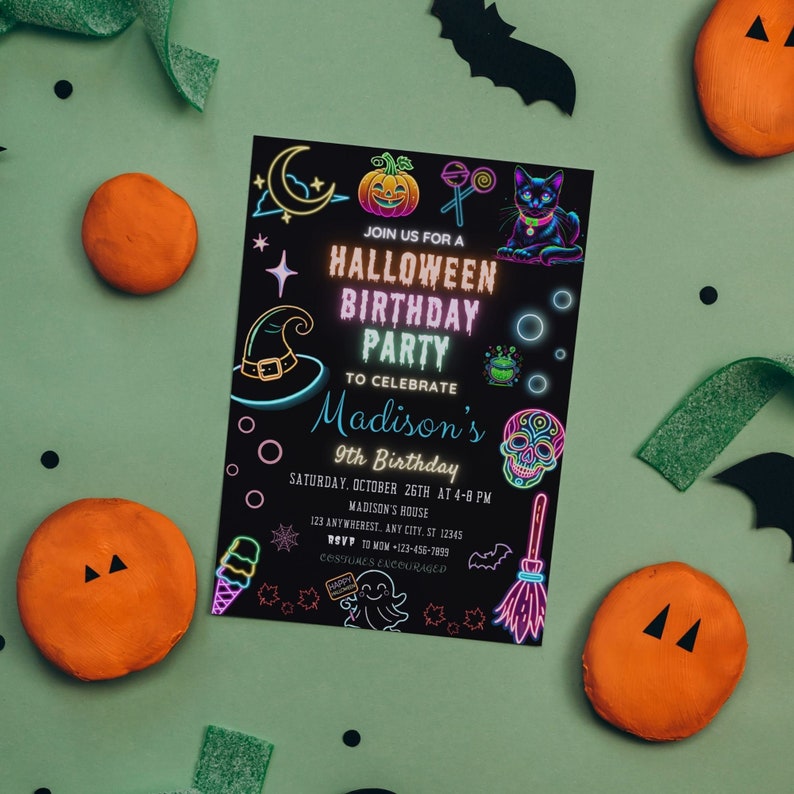 Neon Birthday, Birthday Invite, Halloween Invite, Spooky Party, Spooktacular Party, Costume Party, Halloween Witch, Neon Halloween party, Ghost Neon Party, Glow Halloween, Halloween Birthday, Editable Invitation, Halloween Invite