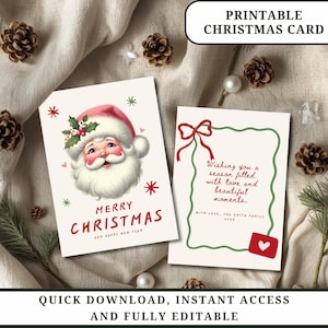 Vintage Christmas Card Template: Printable Santa Funny Christmas Card Editable Holiday Greeting Card Retro Santa Claus Card Instant Download