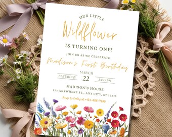 Editable Wildflower First Birthday Invitation Wild One Birthday for Girl, Digital Invitation Floral 1st Birthday Brunch Invite Spring Flower