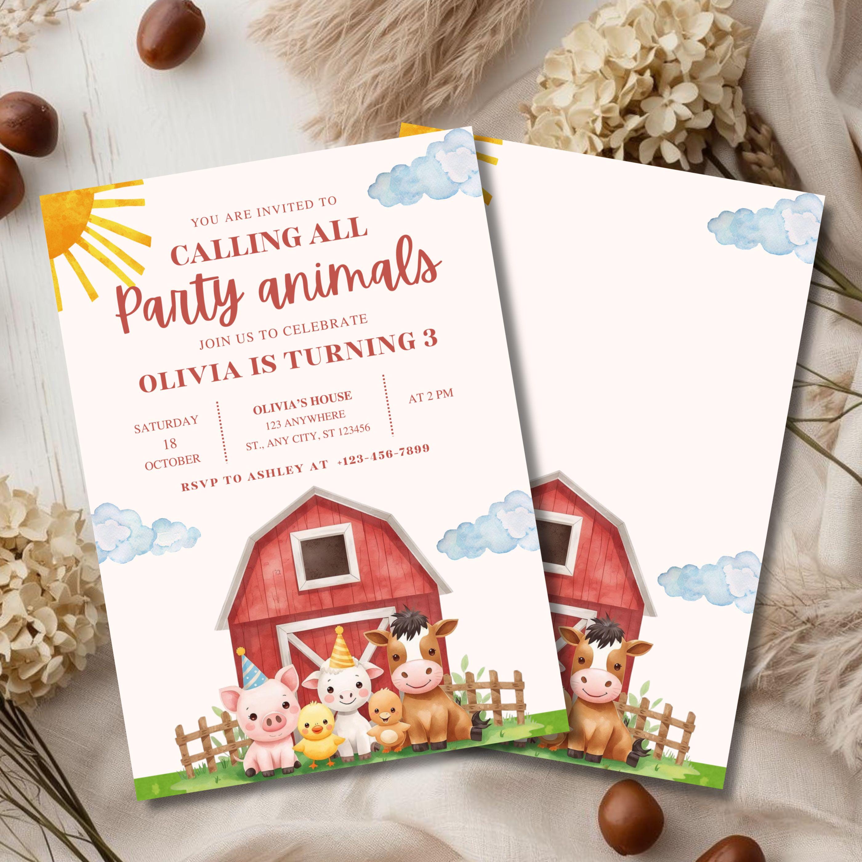 Farm Animals Birthday Invitation: Barnyard Party, Editable Template ...