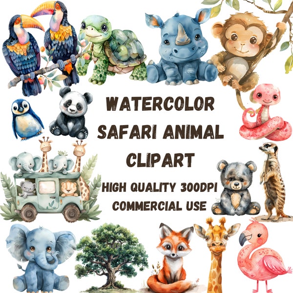 35 Watercolor Safari Animals Clipart Jungle Adventure Clipart Baby Shower Cute Animals PNG Jungle Birthday Decor,Card making, Commercial use