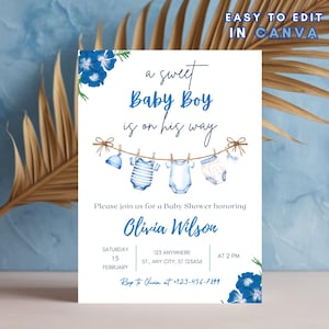 Baby-Kleidung-Junge-Babyparty-Einladung bearbeitbar ein süßer Baby-Junge ist auf dem Weg, Wäscherei-blaues Grün laden ein Blaue Baby-Kleidung-Einladung