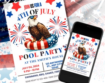 Editable Pool Party Invitation, 4th of July Invitation, Swimming Invite, Red White Blue Party, Independence Day invite, DIYs edit with Canva