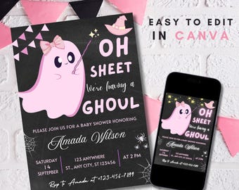 May include: A baby shower invitation with a pink ghost illustration, a witch hat, and the text "OH SHEET We're having a GHOUL". The invitation is on a black chalkboard background, with a matching design on a smartphone.
